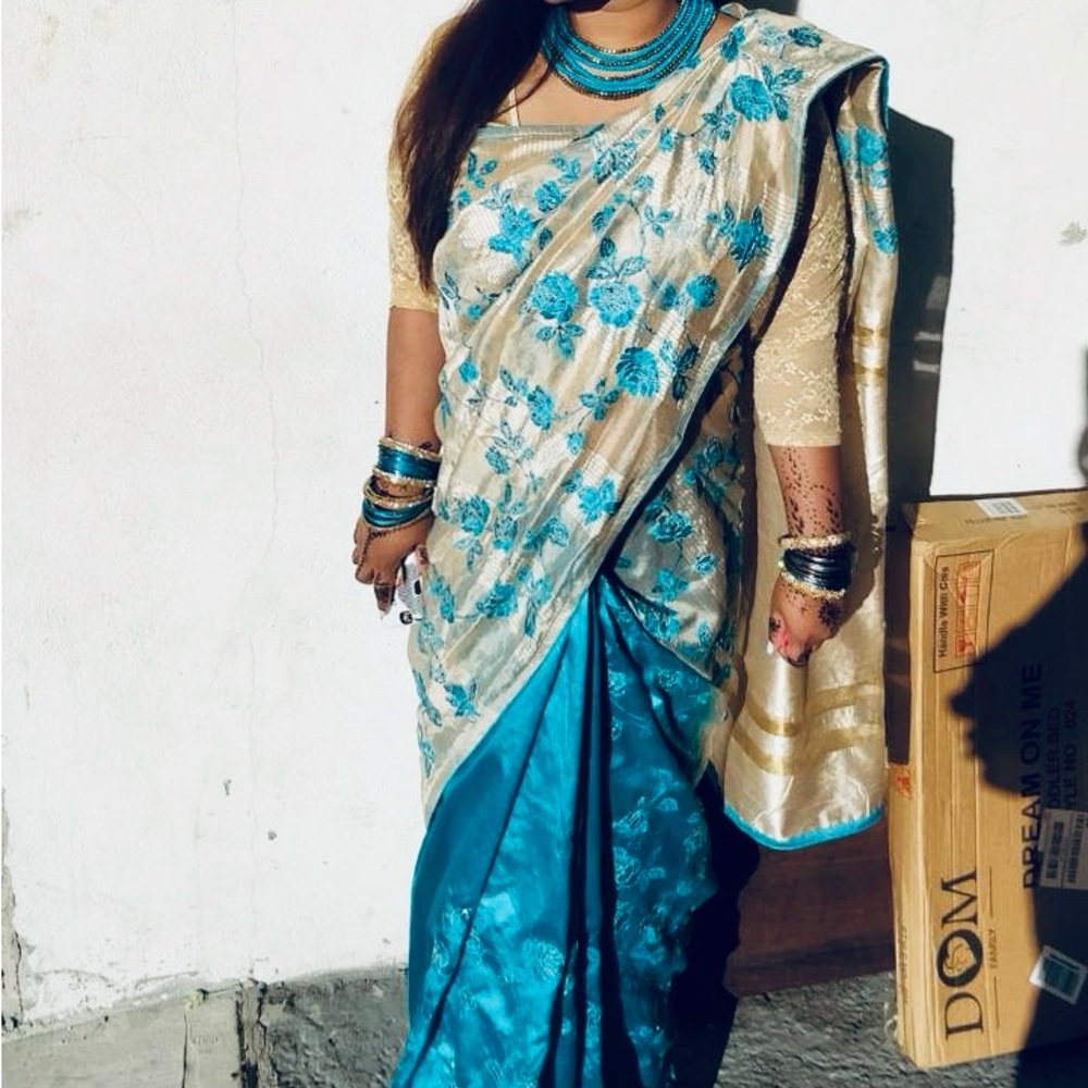 Elegant Blue and Cream Floral Saree
